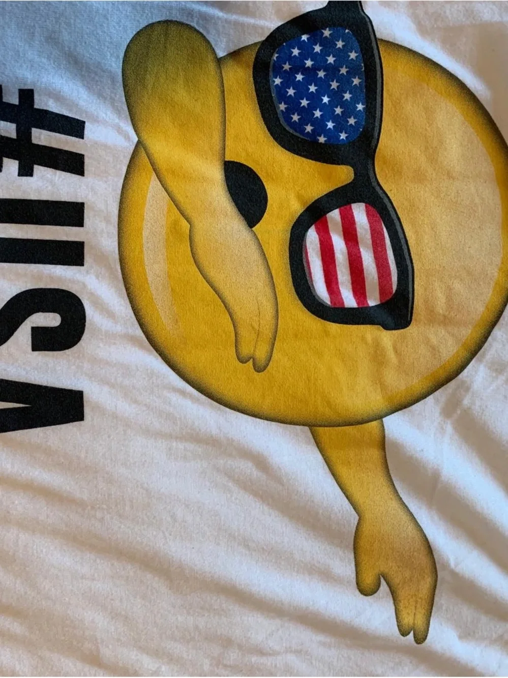 Place White Short Sleeve Tee with Yellow Emoji and Flag Sunglasses